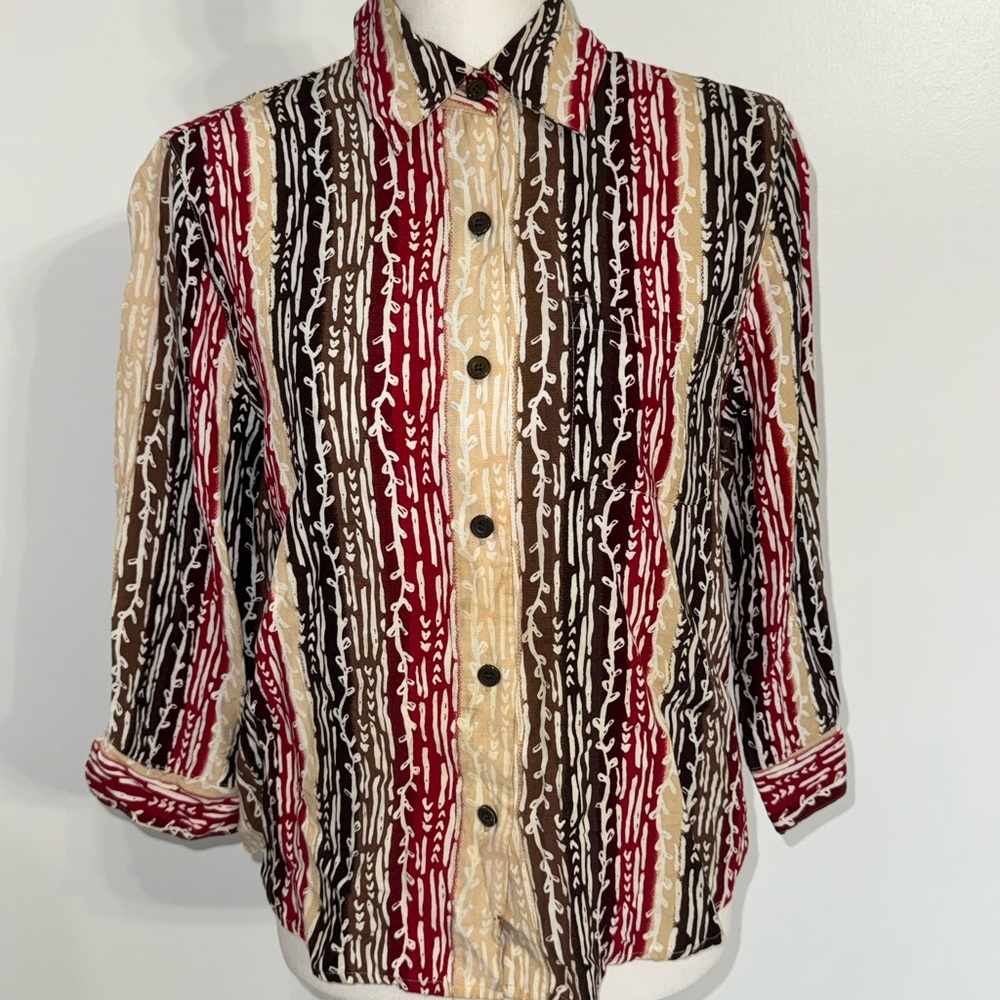 Alfred Dunner‎ Womens 8 Red Brown Striped Button Front Blouse 3/4 Sleeve Rayon